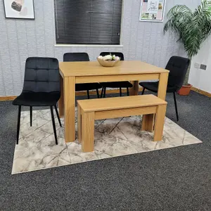 Dining Table and 4 Chairs With Bench Oak Effect Wood 4 Black Velvet  Chairs Dining Room