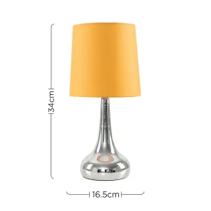 ValueLights Chrome Teardrop Touch Bed Side Table Lamps with Mustard Fabric Shade With 5w LED Bulb 3000K Warm White