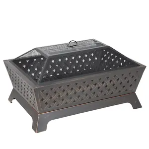 Modern Rectangular Black Fire Pit - Stylish Outdoor Wood Burner with Mesh Lid