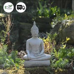 Medium Stone Cast Buddha Statue with Traditional Hat