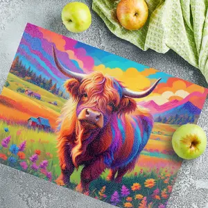 Textured Glass Chopping Board Abstract Highland Cow Design - Medium