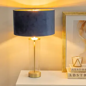 ValueLights Balan Glass with Gold Table Lamp and Navy Blue Velvet with Metallic Gold Inner Lamp Shade and LED Bulb