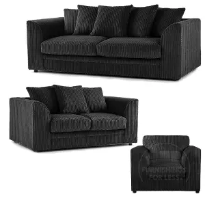 Luxor Jumbo Cord 3 + 2 + 1 Fabric 3 Piece Sofa Suite - Scatter Back Black