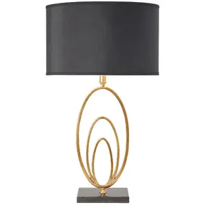 Modern Table Lamp Light Gold Loop Ring & Black Marble Square Base Round Shade