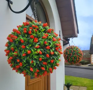 Pair of Best Artificial 38cm Orange Lush Tulip Hanging Basket Flower Topiary Ball - Weather & Fade Resistant