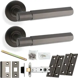 Door Handle & Latch Pack - Dark Bronze - Industrial Hex Lever On Round Rose