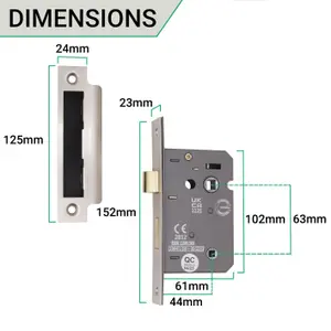 EAI Bathroom Lock 65mm / 44mm Backset SATIN NP for Internal Wooden Bathrooms Accepts 5mm Square Spindle CE UKCA & Fire Door App