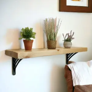 Solid Wood Handmade Rustical Shelf Primed 225mm 9 inch with Black Metal Bracket WAT Length of 60cm