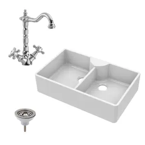 895mm - Two Bowl Fireclay Butler Kitchen Sink -  Stepped Weir, Classic Tap  & Wastes