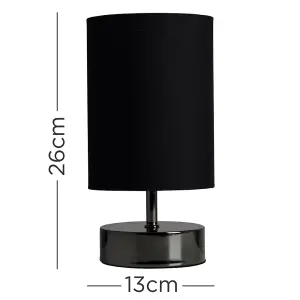 ValueLights Malin Modern Black Chrome Touch Dimmer Bedside Table Lamp with Polycotton Black Light Shade