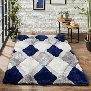 Shaggy Navy Optical Geometric Sparkle Modern Handmade Rug for Living Room and Bedroom-60cm X 110cm