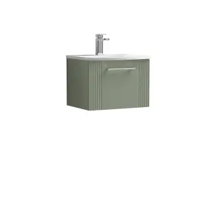 Retro 1 Drawer Wall Hung Vanity Unit with Curved 1 Tap Hole Ceramic Basin - 500mm - Satin Green - Balterley