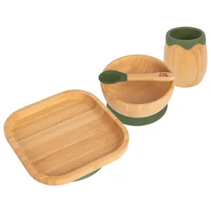 Tiny Dining 4pc Square Bamboo Suction Baby Feeding Set - Olive Green