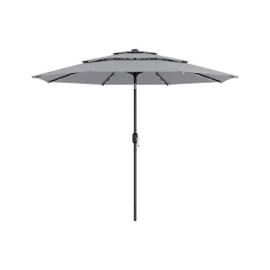 3-Tier Grey Umbrella with Solar Lights and Black Concrete-Filled Patio Umbrella Stand