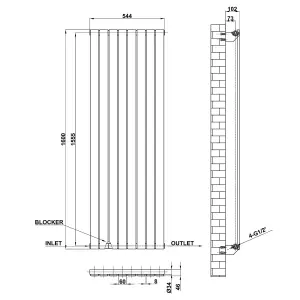 Vertical Anthracite Single Flat Panel Radiator (H) 1600 mm x (W) 544 mm, 4068 BTU.