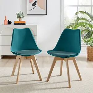 Stolm Bright Moulded Plastic Dining Chair with Wooden Legs and Foam Cushion Seat (Set of 2) Blue