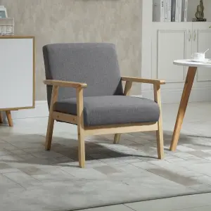 HOMCOM Accent Chair with Wood Frame Wide Seat Linen Armchair Grey