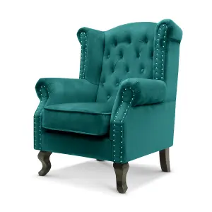 Velvet Wing Back Fireside Henley Chair Armchair with Buttons Teal Turquoise