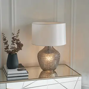 2 PACK Grey Tinted Faceted Glass Twin Table Lamp & Vintage White Fabric Shade