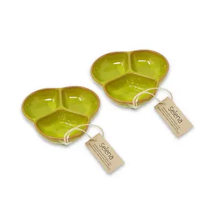 Selena Hand Dipped Glaze Lime Green Kitchen Dining Set of 2 Small Snack Trio Dishes (Diam) 13cm