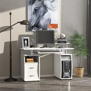 HOMCOM Office PC Desk, Computer Table Workstation With Keyboard Tray, CPU Shelf, Drawers, Sliding Scanner Shelf, White | Aosom UK