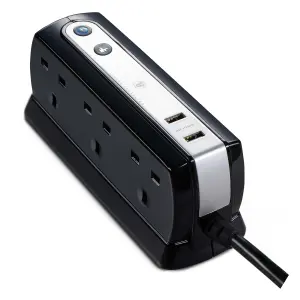 Masterplug Surge Black 6 socket Extension lead with USB, 2m