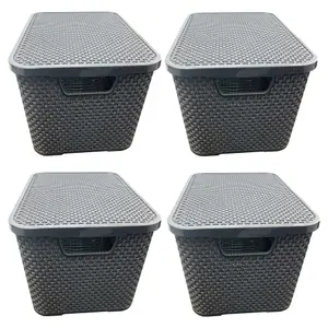 1 x Nature Inspired Grey Home & Office Rattan Effect Storage Basket With Lid