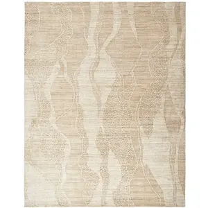 Beige Wool Abstract Luxurious Modern Easy to Clean Abstract Dining Room Bedroom and Living Room Rug -366cm X 457cm