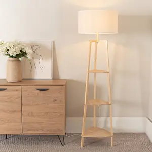 ValueLights Hiru 3 Tier Shelved Wooden Floor Lamp with Linen White Trim Drum Shade & LED Bulb