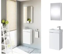 Bathroom Cabinet Set 400mm Vanity Unit Basin Wall Mirror White Gloss Small Avir