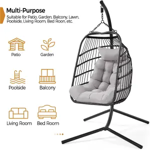 Yaheetech Black Foldable PE Rattan Hanging Chair with Cushion & Pillow & Rain Cover for Garden