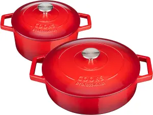 Cast Iron Casserole Set of 2 20cm & 28cm / 2.8L & 4.3L Dishes Oven Proof Enamelled Cast Iron Pans with Lids