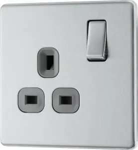 BG Electrical FBS21G Nexus Screwless Flat-Plate Single Switched Plug Socket Brushed Steel Grey Insert 13A