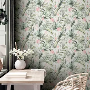 Tropical Floral Pink & Green Wallpaper