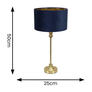 ValueLights Maggie Gold Candlestick Table Lamp with Navy Blue Velvet with Gold Inner Lamp Shade