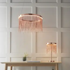 Brushed Copper Table Lamp Light & Waterfall Chain Shade - Integrated LED Module