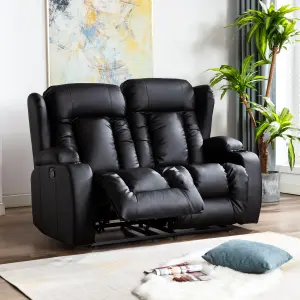 Caesar Manual High Back Luxury Bond Grade Leather Recliner 2 Seater Sofa (Black)