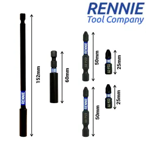 Rennie Tools 6 Piece PZ2 Impact Screwdriver Bits Set With Impact Bit Holders. 2 off PZ2 x 25mm 2 off PZ2 x 50mm + 50/150mm Holder