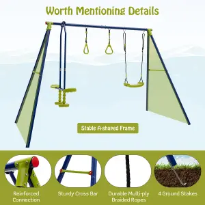 Costway 3-in-1 Kids Swing Set Metal A-Frame Swing Set U-shaped Swing Glider 2 Gym Ring