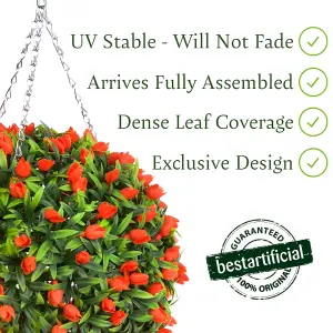 Best Artificial 28cm Orange Tulip Hanging Basket Flower Topiary Ball - Suitable for Outdoor Use - Weather & Fade Resistant