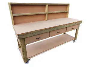 Wooden MDF top workbench, tool cabinet with drawers (V.1) (H-90cm, D-70cm, L-210cm) with back and wheels