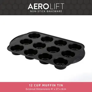 Prestige Aerolift Black Rectangular Steel Durable Non-Stick 12 Cup Muffin Tin