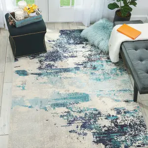 Ivory/Teal/Blue Modern Easy to Clean Abstract Graphics Rug For Dining Room -201cm X 292cm