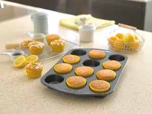 Circulon Momentum Grey Rectangular Carbon Steel Dishwasher Safe Non-Stick 12 Cup Muffin Tin