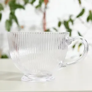 Set of 12 Embossed Footed Glass Coffee Mug Clear Tea Cups