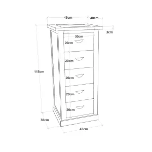 Tirolo 5 Drawer Narrow Chest of Drawers Brass Cup Handle