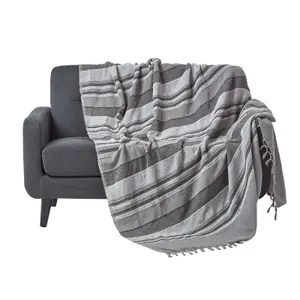 Homescapes Cotton Morocco Striped Grey Throw, 150 x 200 cm