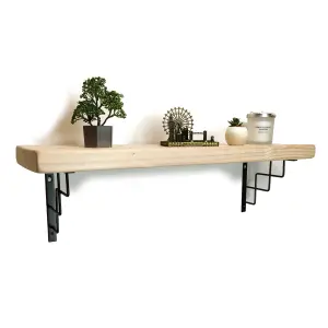 Solid Wood Handmade Rustical Shelf Unprimed 175mm 7 inch with Black Metal Bracket SQUARE Length of 30cm