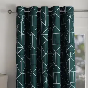 Geometric Eyelet Blackout Curtains Ready Made Pair of Ring Top, Teal - 90X90"