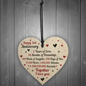 Red Ocean 2nd Wedding Anniversary Gift For Him Her Wood Heart Keepsake Husband Wife Boyfriend Girlfriend